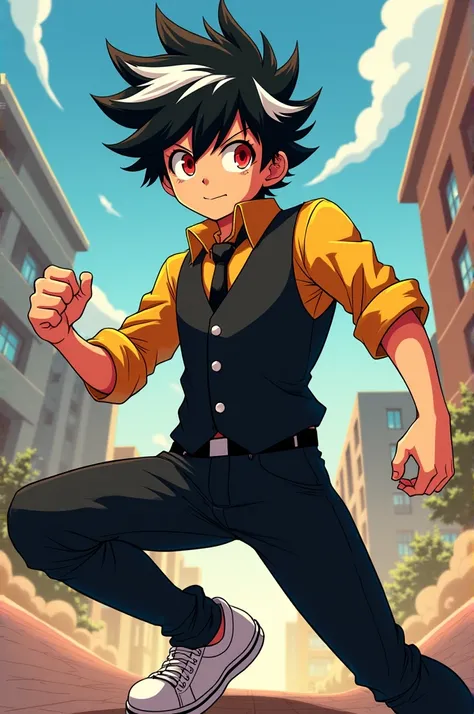 Create a Boku no hero academia style male character with dark red eyes, black hair with white streaks young, with a black vest with black pants and white shoes, with a yellow shirt and a small tie 