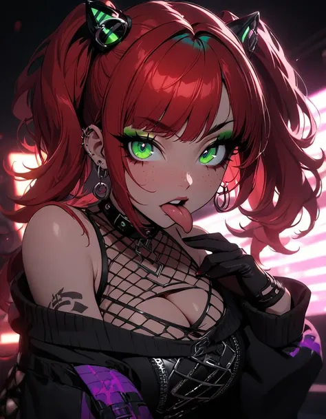 woman, curly red hair in pig tails, green eyes, eye shadow, black hoodie, red plaid skirt, black finger-less gloves, exposed shoulders, large breasts, freckles, cleavage, fishnet undershirt, looking at viewer, Holo-Punk Style, goth, earrings, eyelashes, ma...