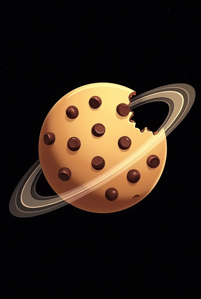 Bitten chocolate chip cookie in the shape of a Saturn on a black background with space rings in a minimalist drawing