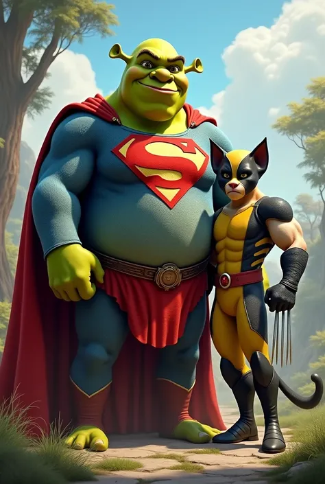 Sherek in a Superman outfit and Puss in Boots in a Wolverine outfit 
 