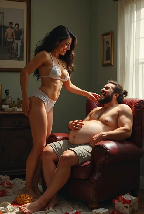 The dominant, sexy woman, with a physique sculpted like a goddess, stands triumphantly over her boyfriend, who is slumped in a chair, utterly weakened and on the brink of a food-induced coma. Her face beams with joy, her laughter echoing through the room a...