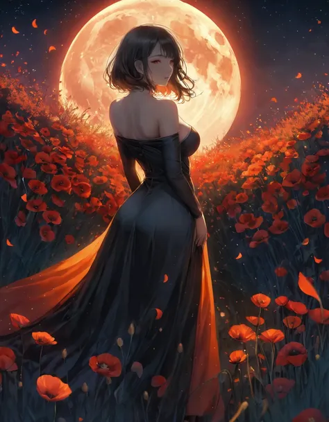 A digital illustration depicts a young woman standing in profile among a sea of vibrant red flowers, likely poppies, in a mystical field at night. The woman has long, sexy Sensual big titis decote dark hair that flows dramatically behind her, caught in a g...