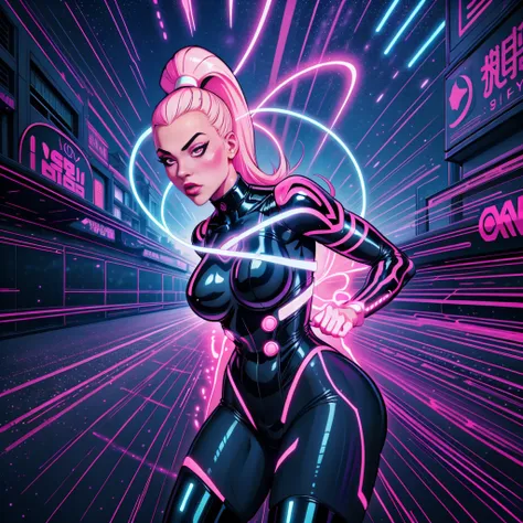 (best quality, masterpiece) scifi, futuristic, raw photo, 1girl with sexy laces clothes, (pink glossy hair) angry look, ultrasha...