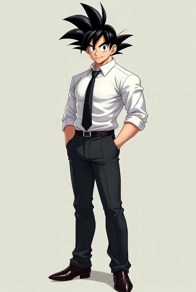 Make Goku with a white dress shirt, black tie, black dress pants, black belt and black shoes, make him smile and with normal shirt sleeves 