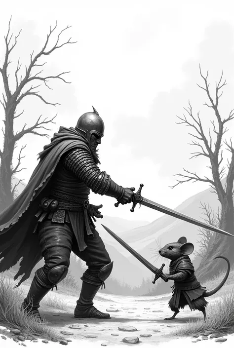 Human with sword fighting a mouse with sword , Mediovale , black and white white scenery, 