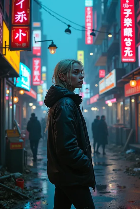 (masterpiece:1.4), (intricate:1.2), (detailed:1.2), (vibrant colors:1.2), BREAK,
(cyberpunk:1.2), BREAK,
(1girl:1.2), white skin blond(urban techwear:1.0), (pensive.1.0), (lost in thought:1.0), (daydreaming:1.0), BREAK,
(neon ads:1.0), (squalor:1.0), (dark...