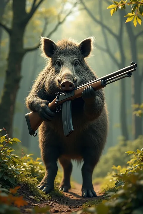 Wild boar with a rifle 
