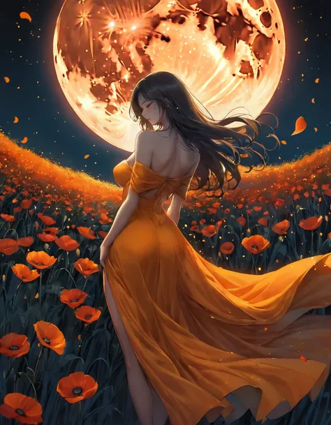 A digital illustration depicts a young woman standing in profile among a sea of vibrant black flowers, likely poppies, in a mystical field at night. The woman has long, sexy Sensual big titis decote dark hair that flows dramatically behind her, caught in a...