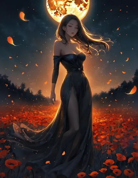 A digital illustration depicts a young woman standing in profile among a sea of vibrant black flowers, likely poppies, in a mystical field at night. The woman has long, sexy Sensual big titis decote dark hair that flows dramatically behind her, caught in a...