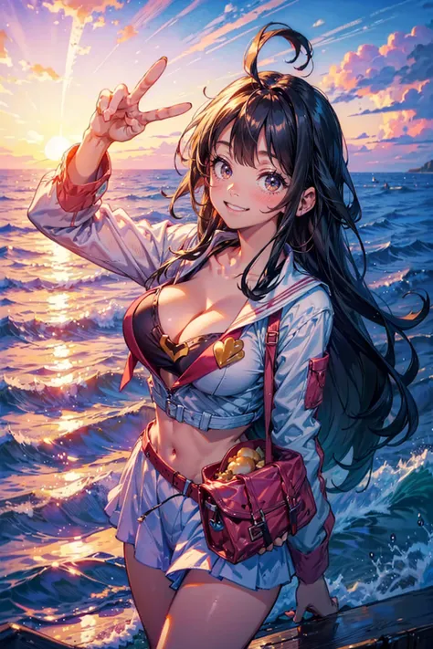 1girl,cute,take a photo,say cheese,peace sign,one hand,perfect finger,smile,big breast,cleavage,sunset,brilliant sea