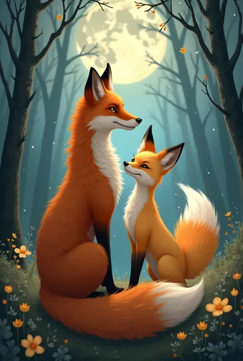 Create two foxes. One of the foxes is bigger and is a normal fox while the other is smaller and is a 9-tailed fox., they are a couple 
