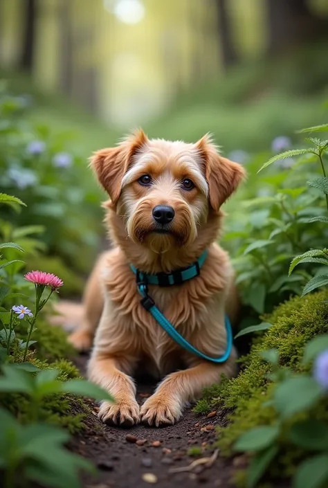 An image of a dog sitting among plants on a trail. He is wearing a special running leash. Photography in the style of a high-resolution DSLR photo with a wide-angle, f/4 aperture for a depth blur effect. --ar3:2