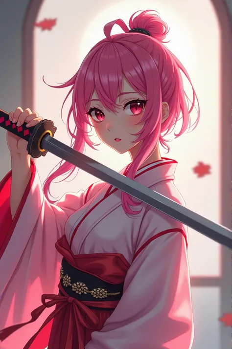 pink hair, anime girl, Shiromuku , katana