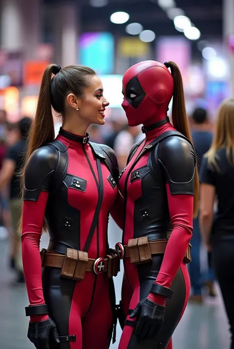 Brunette instagram influencer, dressed as Gwenpool, hair in ponytail, Gwenpool logo belt buckle, at a comic convention, in the style of comicon photos, taking picture with a female convention attendee