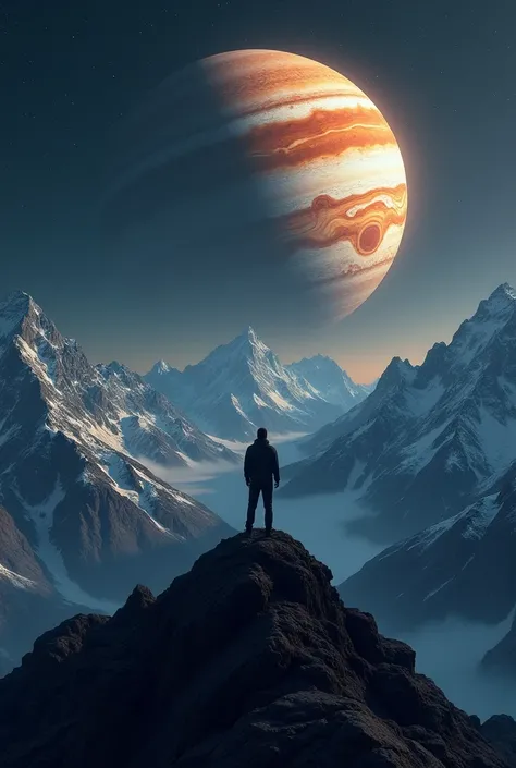 A man facing away on a mountain without equipment with Jupiter in the background.