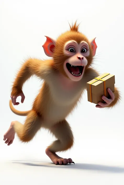 macaque with a box in his hands runs mad crazy, Transparent background