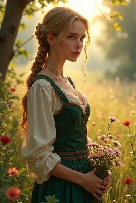 Envision a woman standing in a sun-dappled meadow on the outskirts of a medieval village, surrounded by wildflowers and tall, gently swaying grasses. Her long, blonde hair is loosely braided, with a few soft curls escaping to frame her bright blue eyes. He...