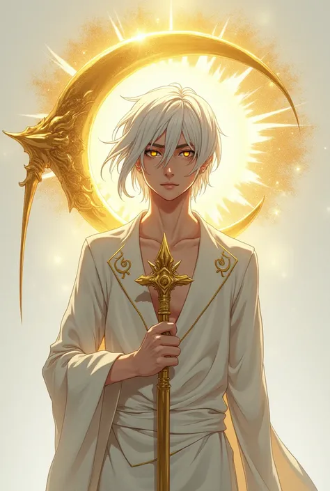 A full body image of a young adult male who is thin, half-heavenly with brown skin, shoulder-length white hair and pupil-less golden eyes, carrying a large golden sickle. made with anime lines.