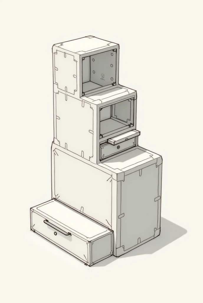 A makeup kit with 3 floors attached, button to hold the floors in place, a drawer on the last bottom story with a handle attached to the makeup kit in sketch art.