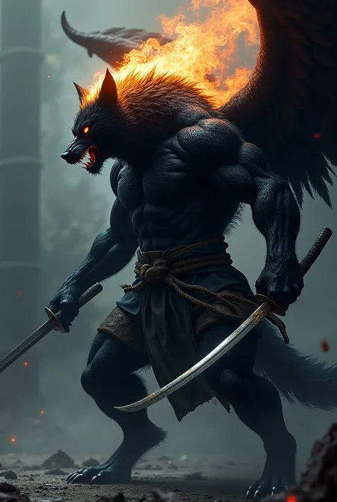 black werewolf,gigant ass , Profile, kamishimo, two katanas, black wings, back of head on fire.