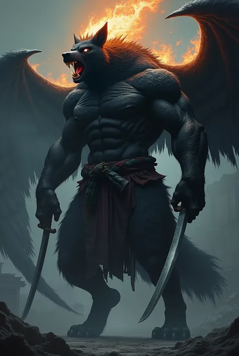 black werewolf,gigant ass , Profile, kamishimo, two katanas, black wings, back of head on fire.