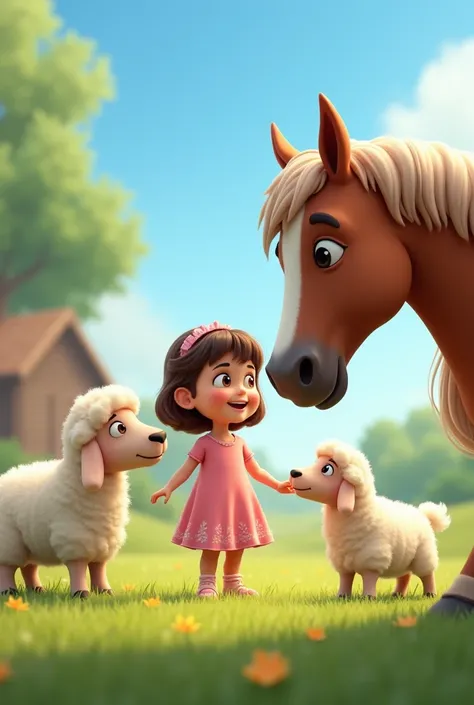 Three-year-old girl named Lili in a pink dress with her friend the sheep and her friend the horse

