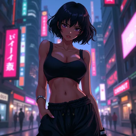 An anime character: A black woman with dark eyes and big breasts. Her hair is short and black. She wears a black top and black loose pants. Ao fundo, a cyberpunk setting with neons.