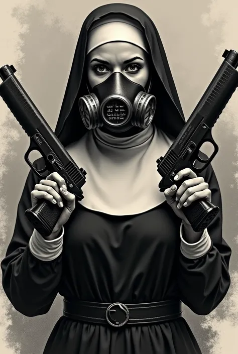 Tattoo design of a nun with two guns in each hand and she is wearing a gas mask