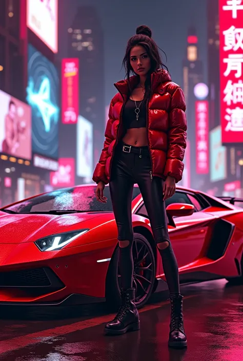 Create a stylish and modern image with a girl as the centerpiece。She is wearing trendy and futuristic clothes.、With confidence、Standing next to a gorgeous neon Lamborghini。Background、Cyberpunk cityscape、Lined with skyscrapers and digital billboards、A vibra...