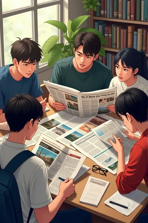 A group of students reading the newspaper where there are different topics of news, sports and culture 