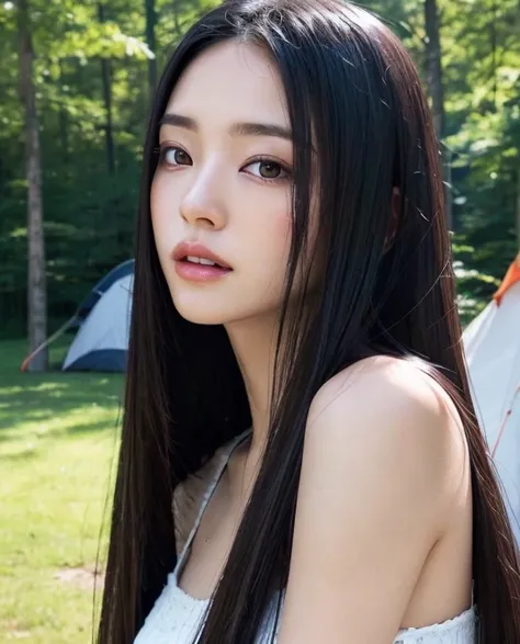 （（Surreal、Super detailed image, maybe a photo.，Captures the details of the skin texture of an incredibly beautiful woman.））long straight black hair。outdoor. Camping. Tend