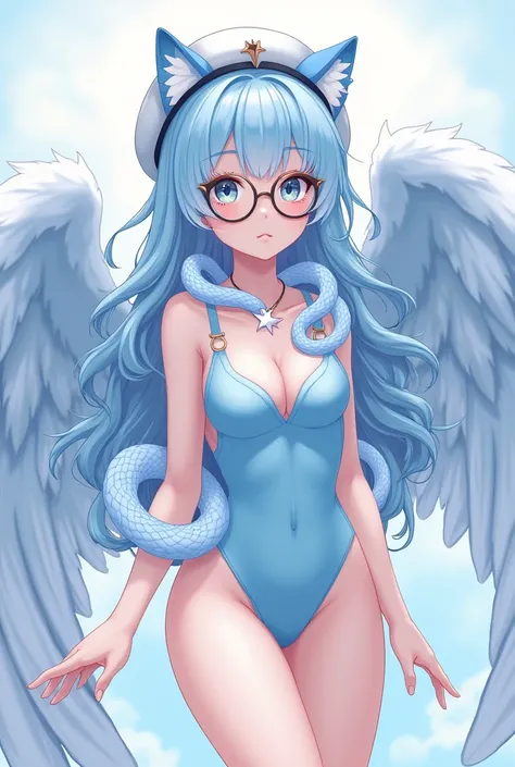 anime girl, pale white complexion, a sky blue eye and rose gold, black reading glasses, white cat hat, sky blue clothes tight to the body, large fluffy sky blue wings, a white snake on the neck, a white star pin, cute 18 year old girl, sky blue hair, long ...