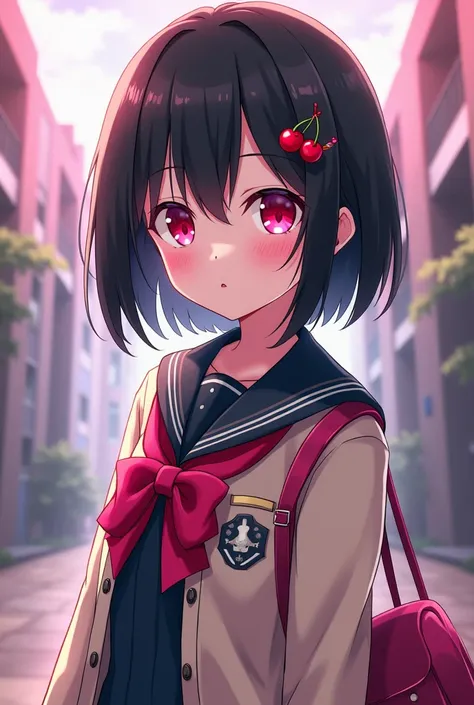 Spyxfamily,,girl similar to anya, short black hair, pink eyes, cherry accessories,Eden Academy School Uniform.
