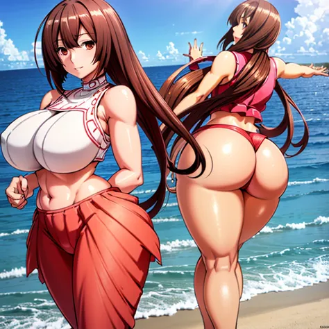 ((beach in front of the sea shore)) mature woman,mature woman,long hair,1 girl, alone, (giant ass: 1.3), (thick thighs: 1.2), huge thighs, (wide hips: 1.2), cleft in the skin, smile, happy, (sleeveless top, pants short: 1,2), thighs and blunt, plump,aamusu...