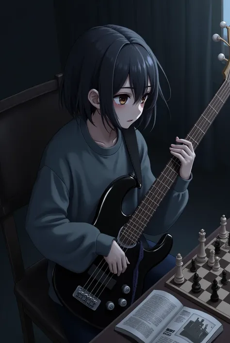  dark,with short straight hair at the back and wavy at the front, bass guitar, Brown eyes, in sweatshirt,anime version,reading manga and playing chess
