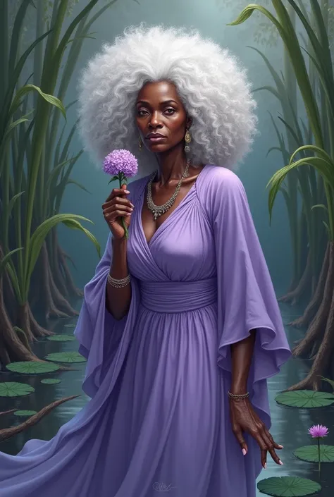 Black woman Orisha, old woman, white curly hair, lilac dress, with a lilac flower in her hand in the middle of a swamp