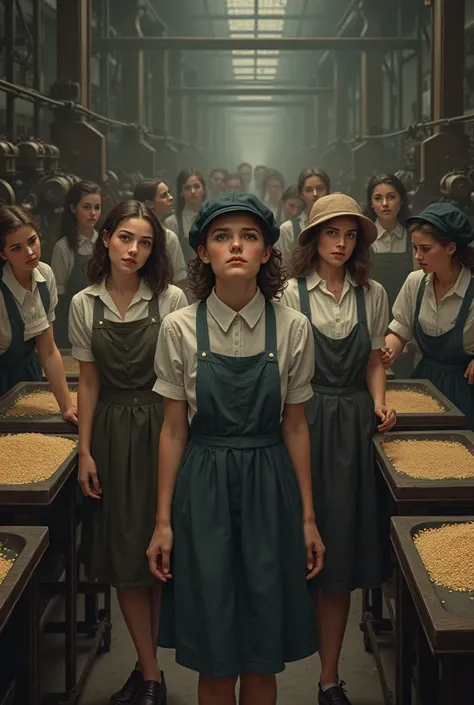 A group of American girls working in the match factory in uniforms and looking tired