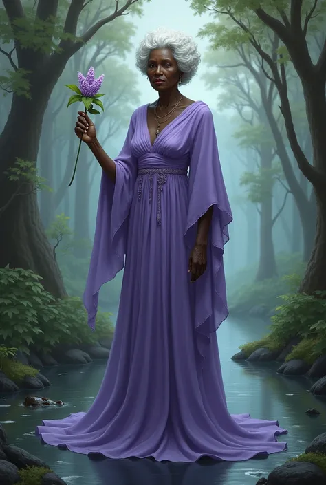 Black woman Orisha, old woman, short white curly hair, lilac dress, with a lilac flower in her hand in the middle of a swamp