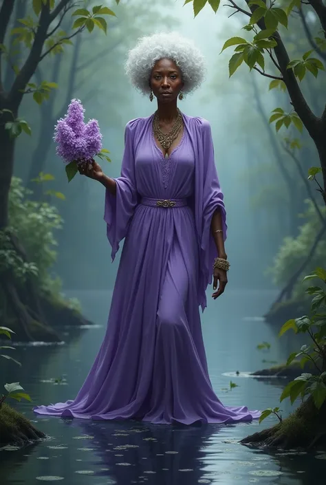 Black woman Orisha, old woman, short white curly hair, lilac dress, with a lilac flower in her hand in the middle of a swamp