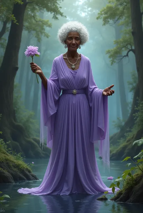 Black woman Orisha, old woman, short white curly hair, lilac dress, with a lilac flower in her hand in the middle of a swamp