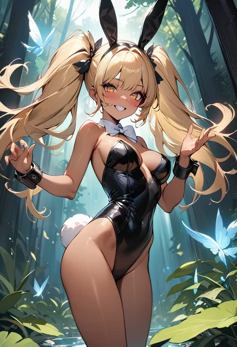 (masterpiece, best quality:1.5), (high resolution 8K), detailed eyes and face, detailed body, 
BREAK 1 girl, japanese girl, longhair, twintail, blonde hair, blonde eyes, wave hair, (mascara:1.2), (tan skin, dark skin:1.2), double teeth, fang, (piercing:1.2...