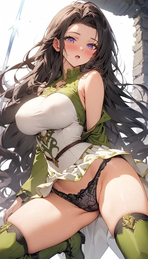 Ultra-high definition image quality、beautiful girl、Female Swordsman、Light Armor、Green Boots、Long Hair、Black Hair、20-year-old、Be confident々face、Very short tight skirt、Sexy posture、Cowgirl、wilderness、Highest quality,Big Ass、Big Breasts、Thighs、god槍グングニルを握る、Bl...