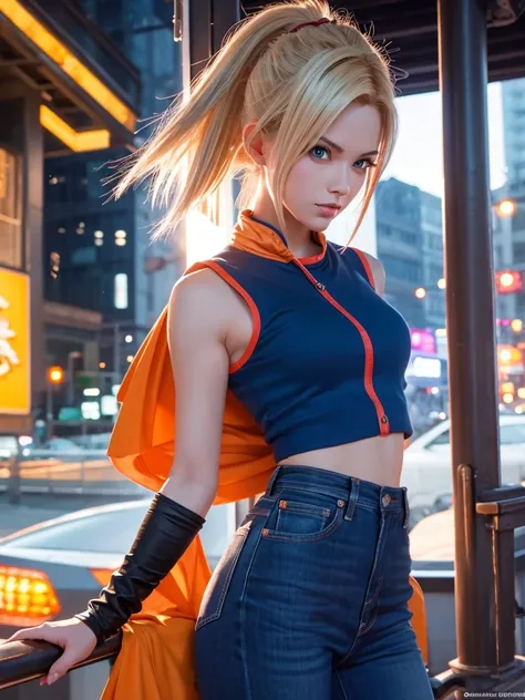 Masterpiece, best quality, ai-generated,official art,dragon ball,1girl,android 18, city,stylish pose,
