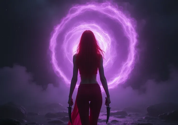 Redhead woman from behind,with red clothes and knives ,entering a purple portal,background darkness abyss