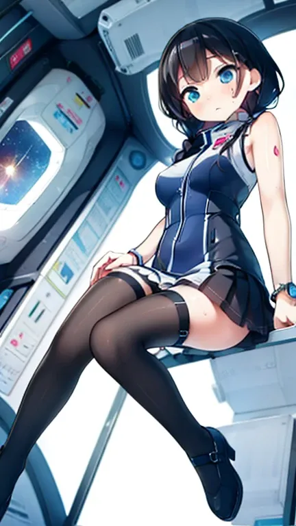 (Highest quality), (masterpiece), 1080P, High resolution, 4K, 8k, Inside the space station、Futuristic room、Thigh straps, Shooting from directly below, The woman on top of me, 白いSweat, Covered , Sweat, Woman looking down, Skirt swimsuit, Thigh-high socks, T...