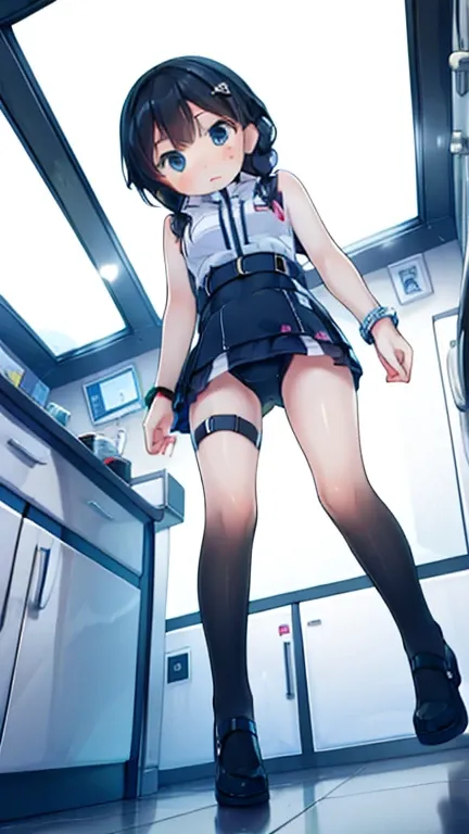 (Highest quality), (masterpiece), 1080P, High resolution, 4K, 8k, Inside the space station、Futuristic room、Thigh straps, Shooting from directly below, The woman on top of me, 白いSweat, Covered , Sweat, Woman looking down, Skirt swimsuit, Thigh-high socks, T...