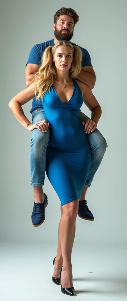 A photograph of a tall, strong woman with long, blonde hair in pig tails, wearing a fitted, elegant blue dress with high heels. She is confidently holding a man on her shoulders, his legs dangling as he appears relaxed and comfortable. The man has a beard ...