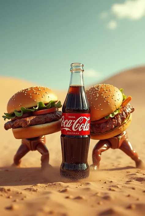 A hamburger fighting with some ribs and a hot dog for the last Coca Cola in the desert 
