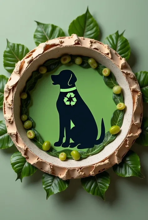 Imagine a circular dog bowl, with a border made of recycled materials represented by different textures (plastic, card, etc.).
Inside the plate, You can display a silhouette of a happy dog with a recycling footprint on its collar.
Around the plate, Add sma...