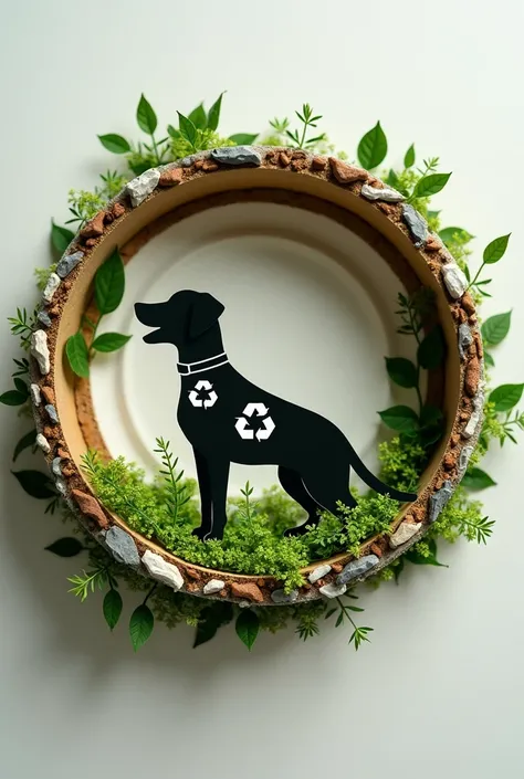 Imagine a circular dog bowl, with a border made of recycled materials represented by different textures (plastic, card, etc.).
Inside the plate, You can display a silhouette of a happy dog with a recycling footprint on its collar.
Around the plate, Add sma...